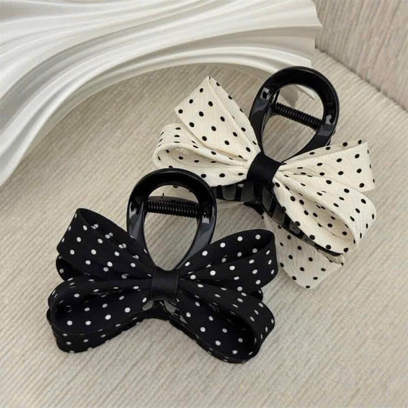 Kẹp tóc nơ kaki chấm bi đứng form A632