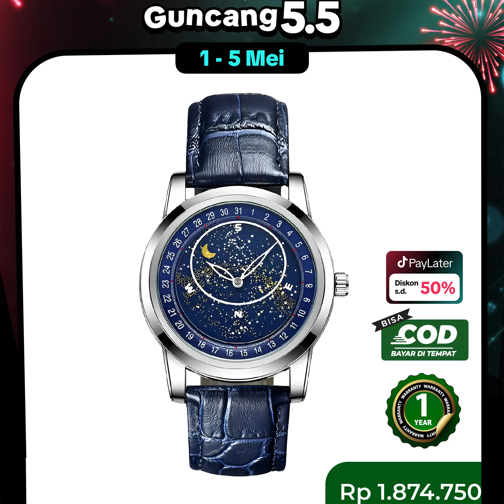 PAD HENER ASTRO Jam Tangan Pria Wanita Leather Glow in the Dark Kaca Mineral Sapphire Strap Kulit Sintetis Grade A + Kotak Eksklusif 41mm