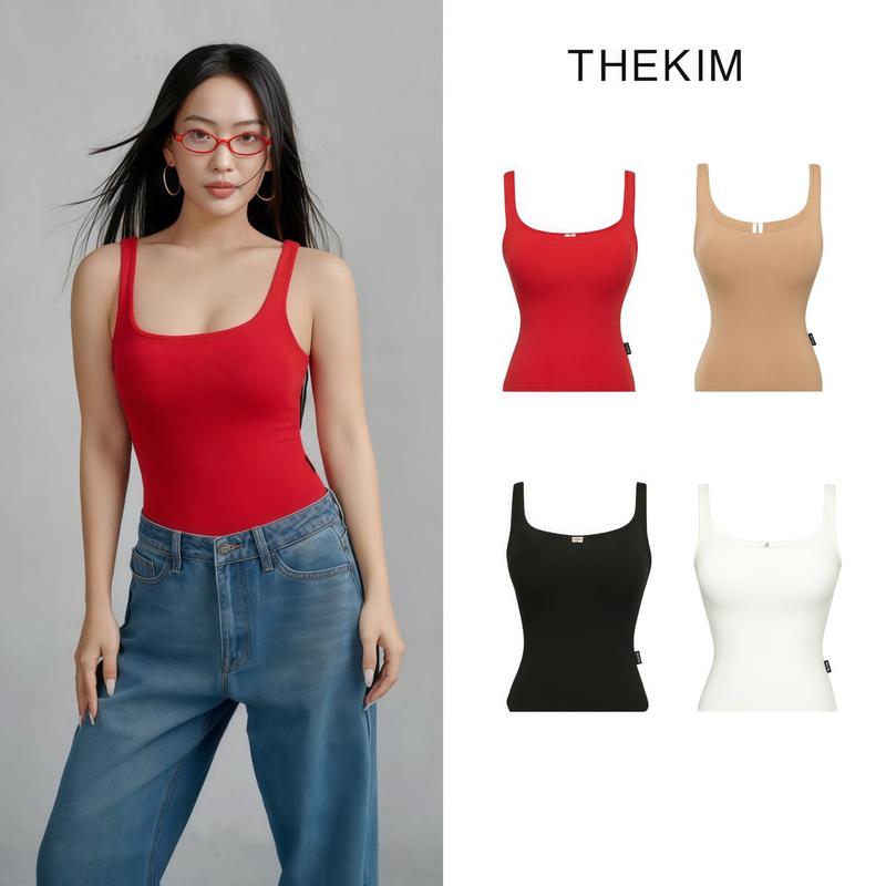 THEKIM Áo thun 2 dây bản to cổ U có mút ngực áo thun hai dây quai to dáng dài sơ vin T229