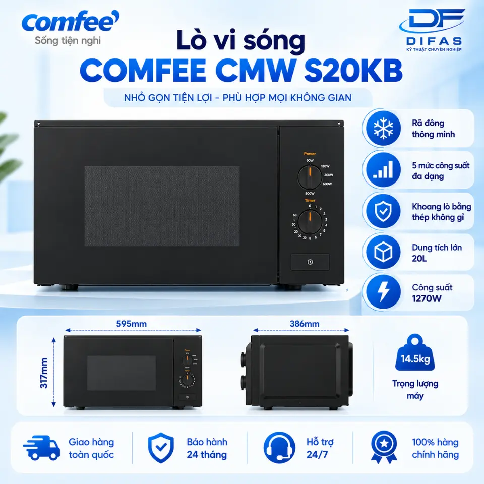 Lò Vi Sóng Âm Tủ Comfee CMW-S20KB 20L 1270W, 5 Mức Công Suất, Rã Đông Thông Minh, Khoang Inox, Thiết Kế Kính Đen Sang Trọng - BH 2 NĂM