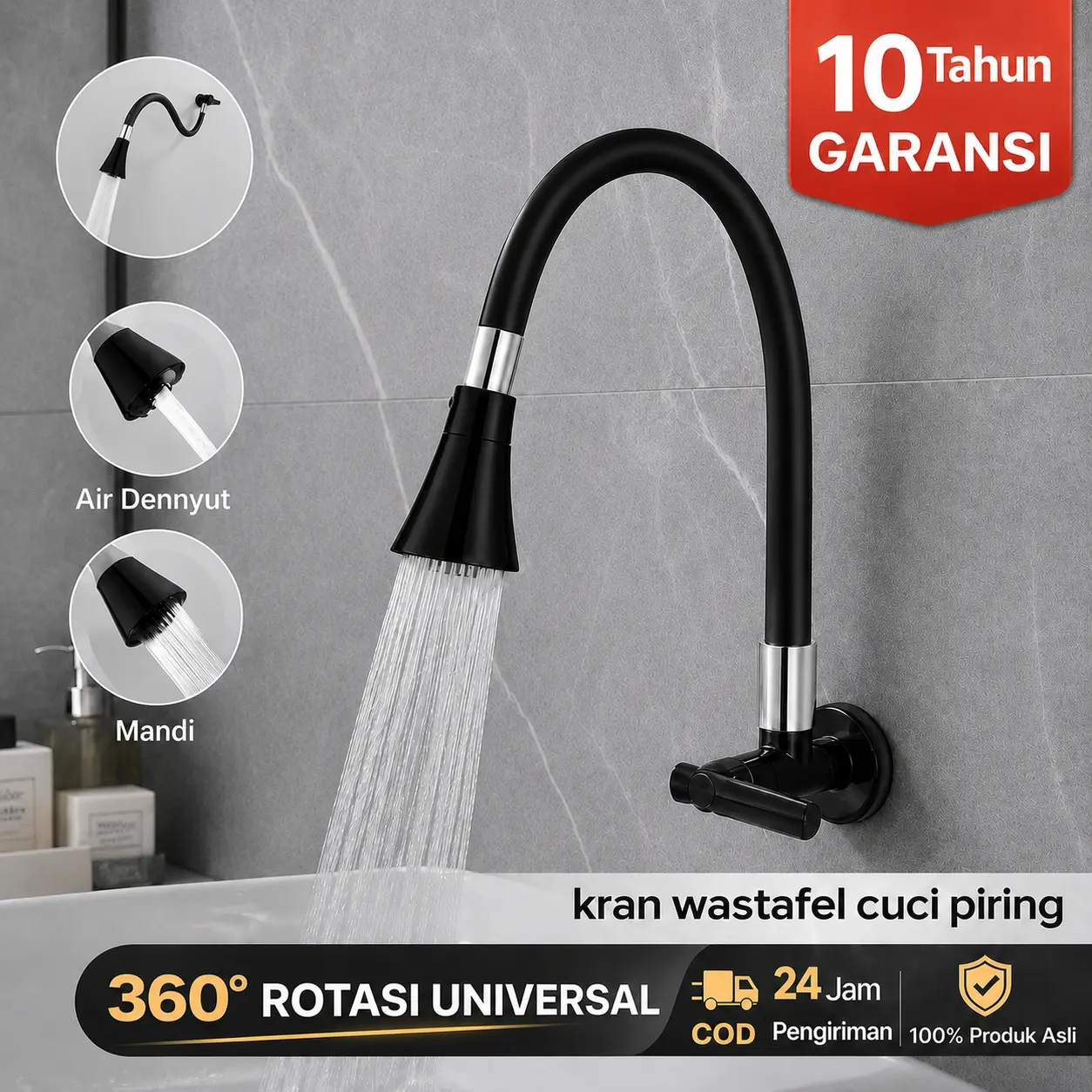 SUS 304 Kran Angsa Flexible Karet Hitam Keran Cuci Piring Kran Dapur Stainless