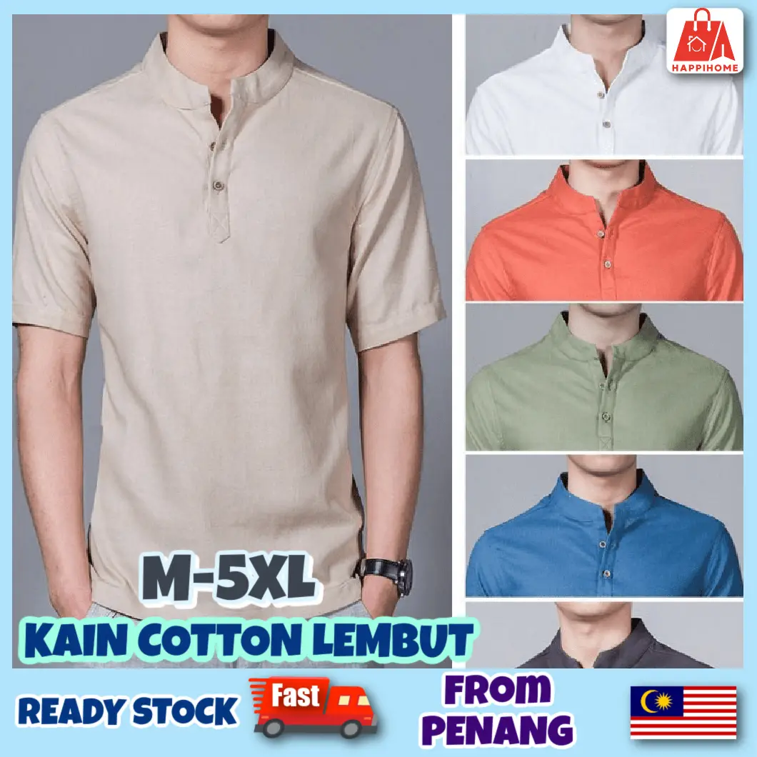 Baju Kurta Lelaki Men Shirt Cotton Linen Stand Collar Short Sleeve Kemeja Dating Outing Kenduri Pakaian Kacak Baju Bergaya Kain Lembut Viral New Design