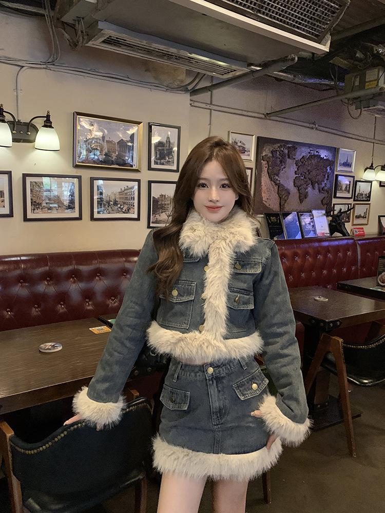 Product Introduction of Fujia Qianjin-Áo Khoác Denim Chần Bông Dày Lót Lông Cừu Cho Nữ, Váy Cạp Cao, Trang Phục Thời Trang Mới Mùa Đông 2023 17