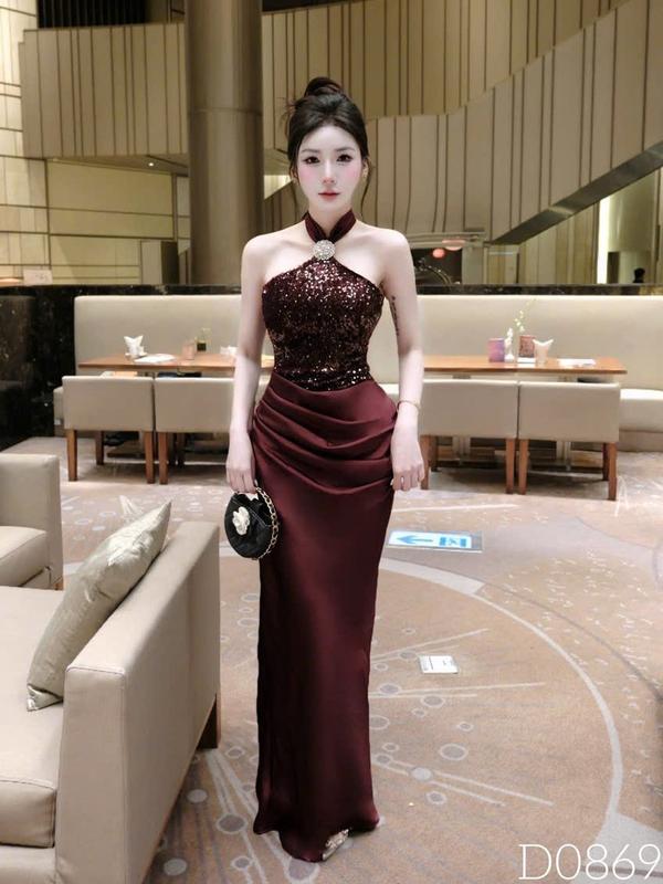  Đầm body lụa phối kim sa thiết kế dáng dài xẻ tà tôn dáng tina store 