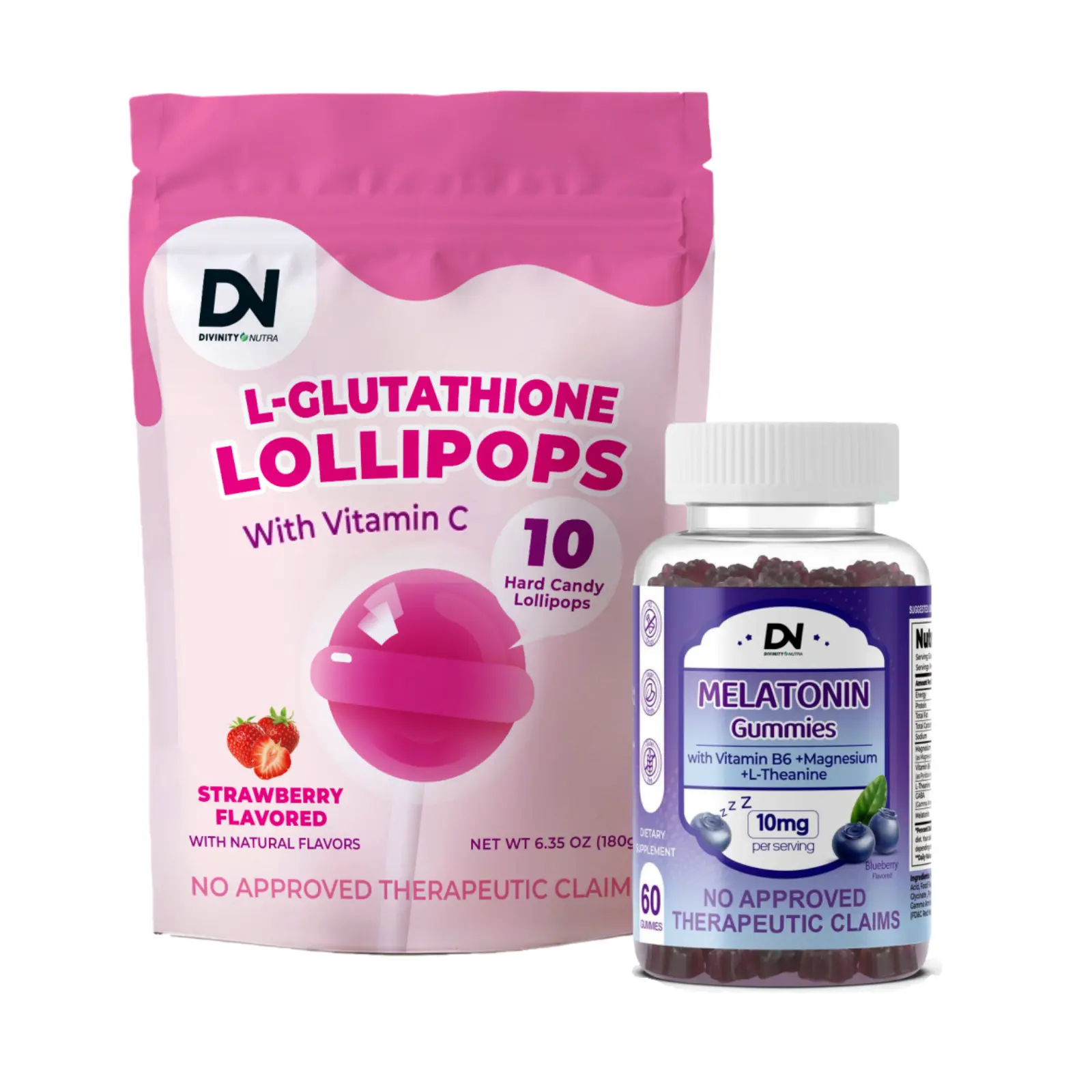 Divinity Nutra L-Glutathione Lollipops with Vitamin C ,500mg Hydrolyzed Collagen Peptides - Night Time Melatonin Gummies Zero Sugar B6 Fall Asleep 60PCS Sleep well