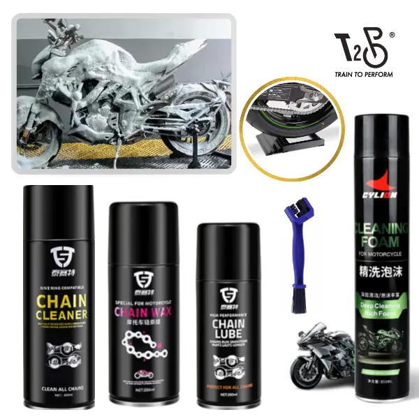 T2P Motorcycle Cleaning ULITAMTE Kit Motorbike Wash Chain Cleaner Bike Chain Oil Lube Chain Wax Chain Brush Wheel Paddock Tyre Spinner Tire Jockey