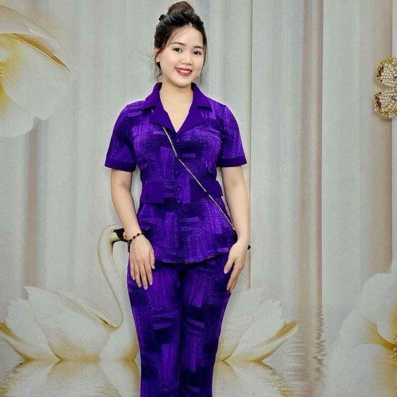 Hải Sơn A86 Đồ Bộ Áo Vest Hoạ Tiết Lập Thể Chất Liệu Thun Tơ Hoa Dáng Quần Ống Bass