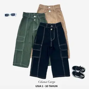 SWEATY Celana Cargo Jeans Kancing Anak Unisex Bahan Denim 3-10 Tahun Tampilan Mewah Dan Simple Fashion Anak Bawahan Perempuan Model Kekinian