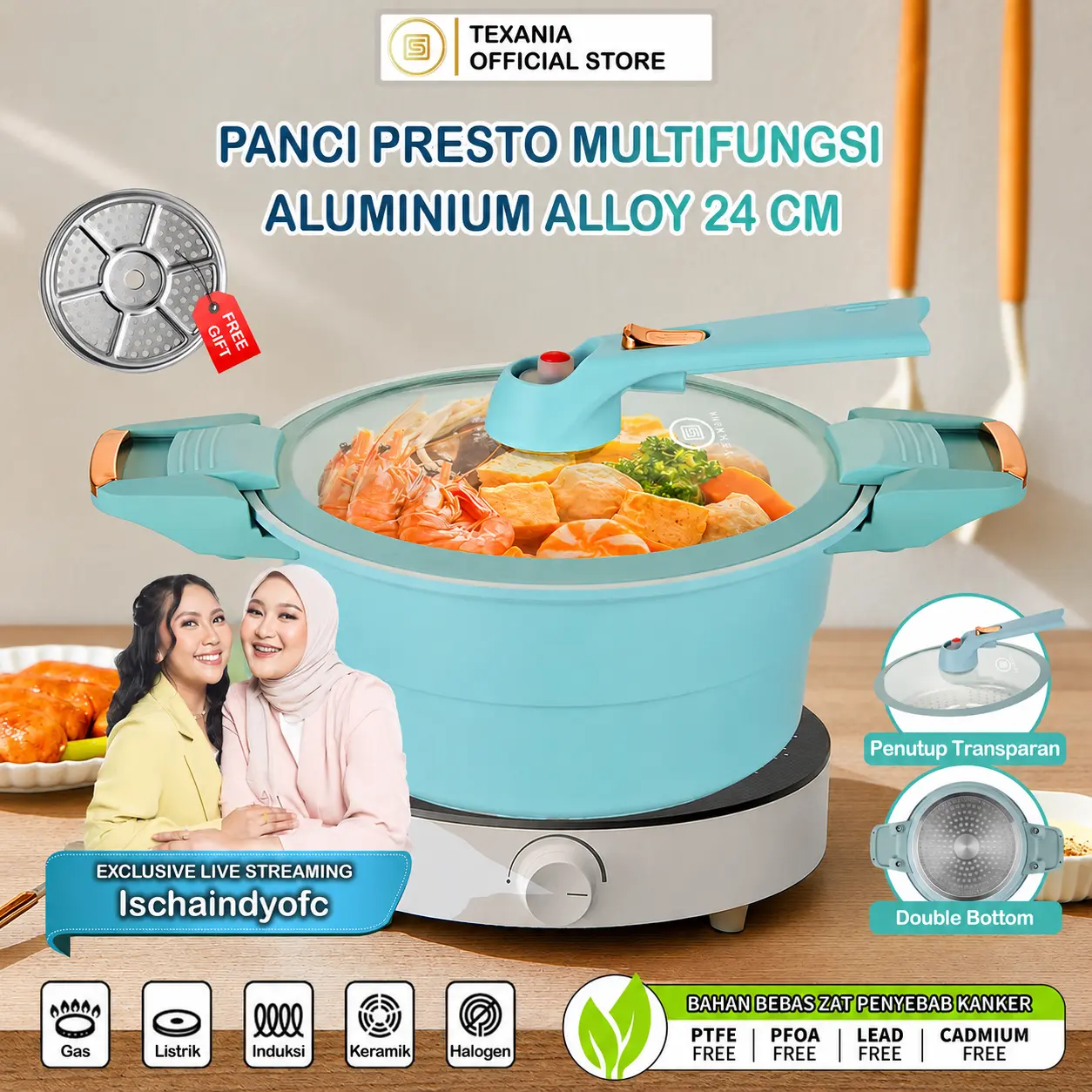 [ISCHAINDYOFC] PO 30 Hari TEXANIA Panci Presto Multifungsi - Panci Kukus Serbaguna Alumunium Anti Lengket 24cm - 4 Liter Free Kukusan