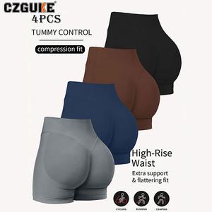 CZGUKE Pantalones Cortos de Ciclismo de Cintura Alta para Mujer Elásticos Sin Costuras 3D Negros Conjunto de Cuatro Piezas para Gimnasio y Yoga