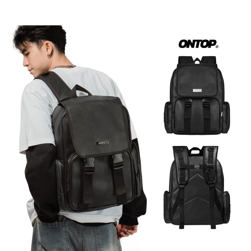  Balo da đen trơn nam nữ ONTOP chống nước nhiều ngăn đựng laptop local brand Big Buckle Backpack | O-P33 
