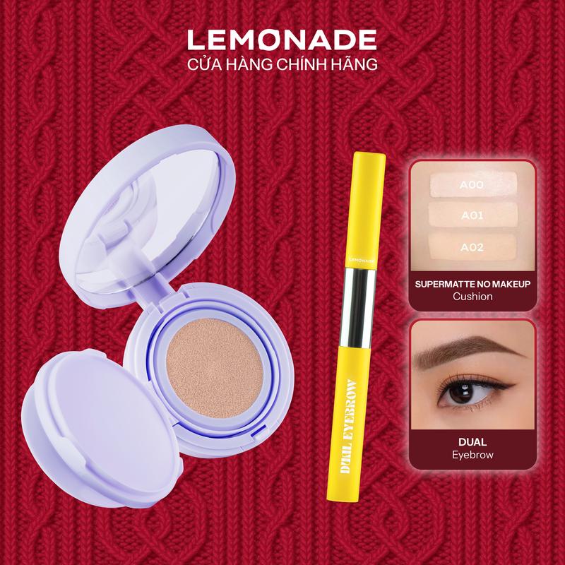  Combo 01 Phấn nước mỏng nhẹ kiềm dầu thuần chay chống nắng Lemonade Supermatte No Makeup Cushion 15g và 01 Chì kẻ mày 2 đầu Lemonade Dual Eyebrow 2.75g 