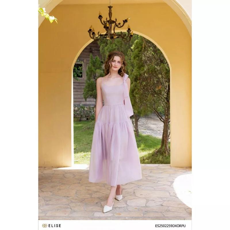  Đầm 2 dây tơ tím buộc nơ vai thiết kế Elise mã ES2502259DXORPU 