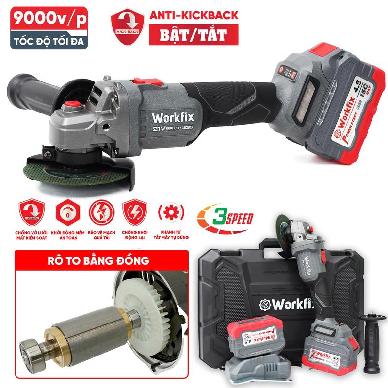 Chống Lật Cổ Tay Máy Mài 100mm Dùng Pin Workfix WF-AG100PRO Công Tắc Trượt Brushless Motor 2 Pin 15 Cell 21V 4.5Ah XẢ 15C