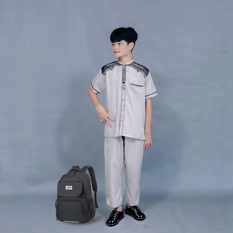 [Asriyani] Setelan Baju Koko Anak Azzam Lengan Pendek Muslim Pria Kombinasi Bordir Simpel Elegant Katun New Roky 0
