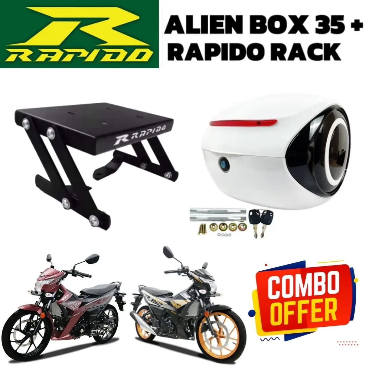 COMBO SET BOX ALIEN 35 ABS SUZUKI RAIDER 150 + MONORACK RAPIDO RAIDER BOX SIPUT ADJUSTABLE MONORACK SUZUKI RAIDER BOX