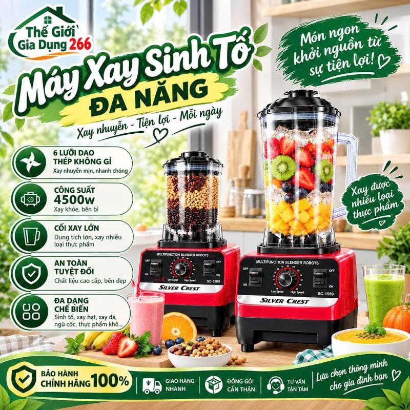 Máy xay sinh Tố Đa Năng KAW SILVER CREST SC-1589Máy Xay Công Nghiệp 2 Cối Xay Công Suất 4500W tiết kiệm điện