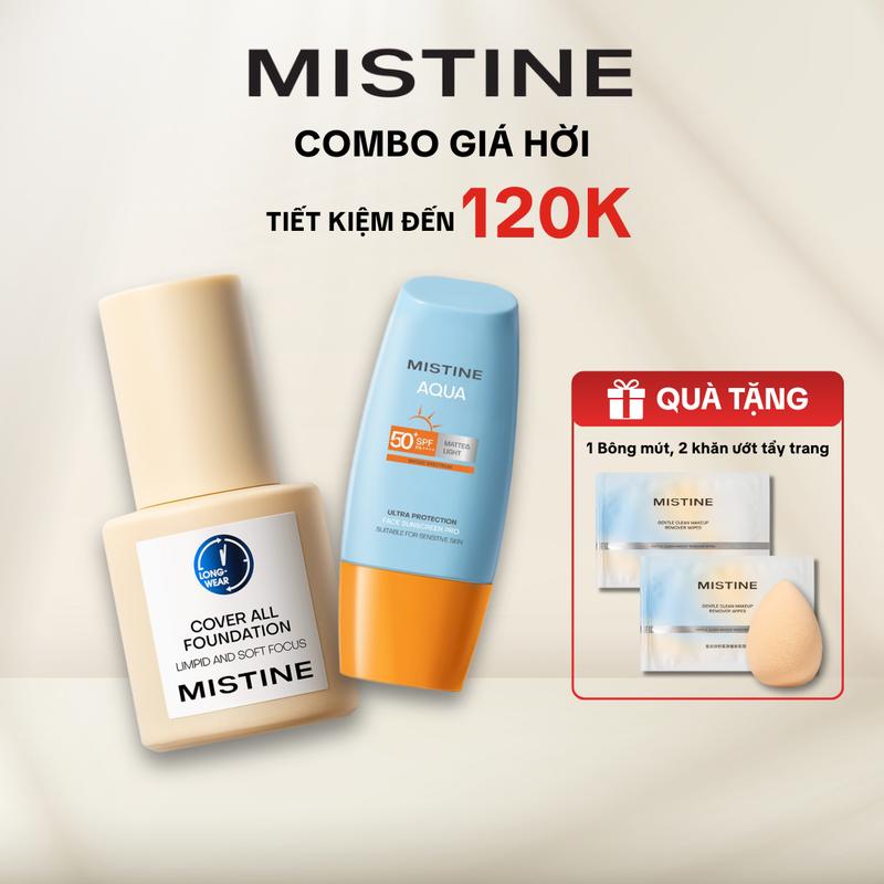 【COD TẶNG 3 QUÀ |  Combo Kem nền Mistine che phủ hoàn hảo, kiềm dầu tốt 30g + Kem chống nắng dành cho mọi loại da 40ML/60ML/90ML + [TẶNG] 1 Bông mút trang điểm + 2 Khăn ướt tẩy trang