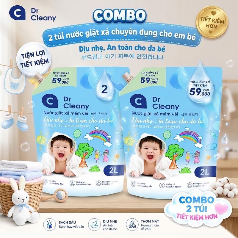 Nước Giặt Xả Chuyên Dành Cho Em Bé Dr Cleany, Chuyên Dành Cho Trẻ Sơ Sinh, Trẻ Nhỏ, Không Gây Dị Ứng, Không Chứa Cồn, Mùi Thơm Dịu Nhẹ, Phù Hợp Giặt Máy và Giặt Tay