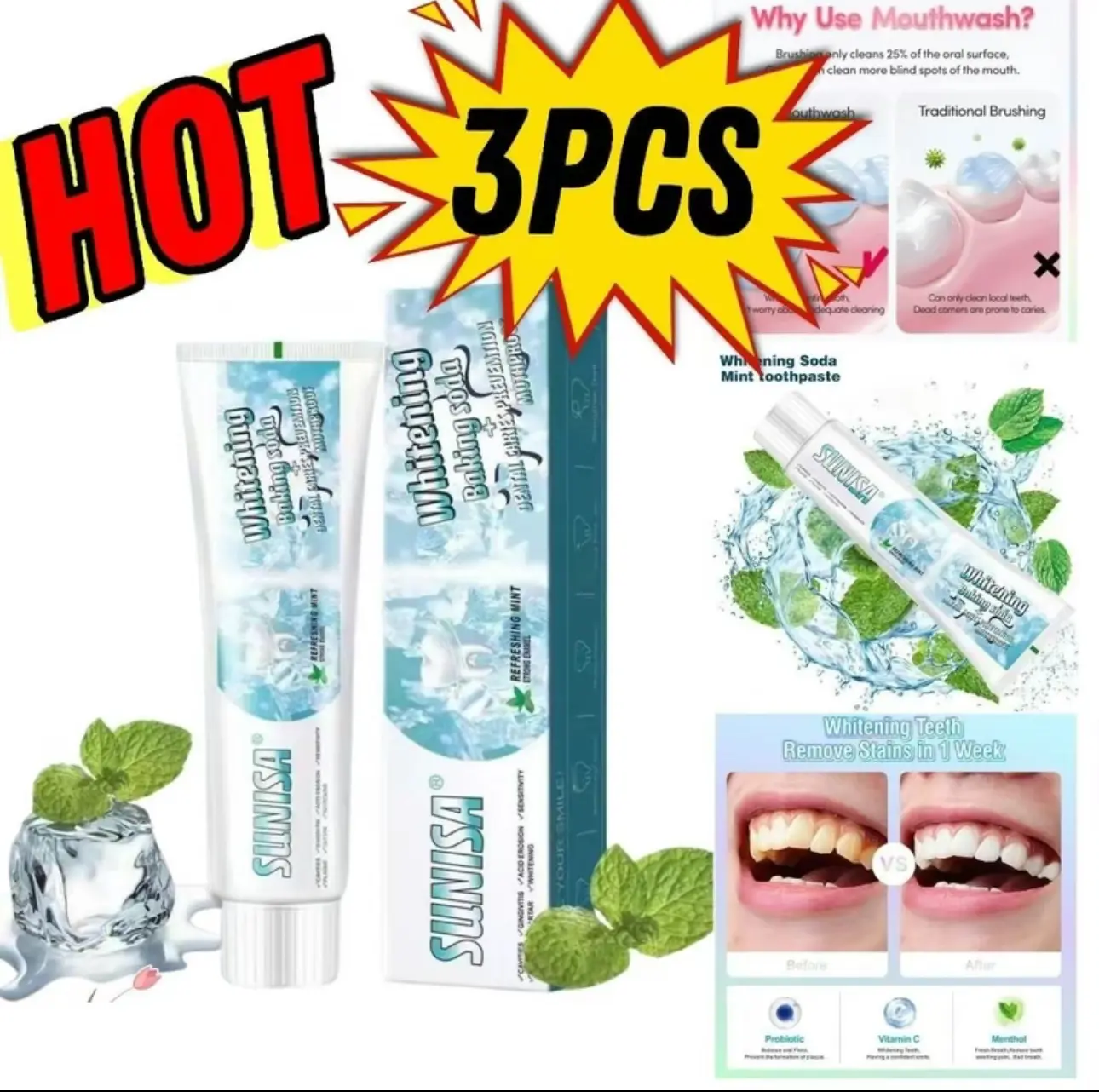 『BUY 1 TAKE 2』3PCS FDA Approved WINSHIP Hyaluronic Acid Baking Soda Dual-Effect Whitening Toothpaste 105g Freshens Breath Reduces Plaque Fights Bad Breath Gentle Oral Care for the Whole Family
