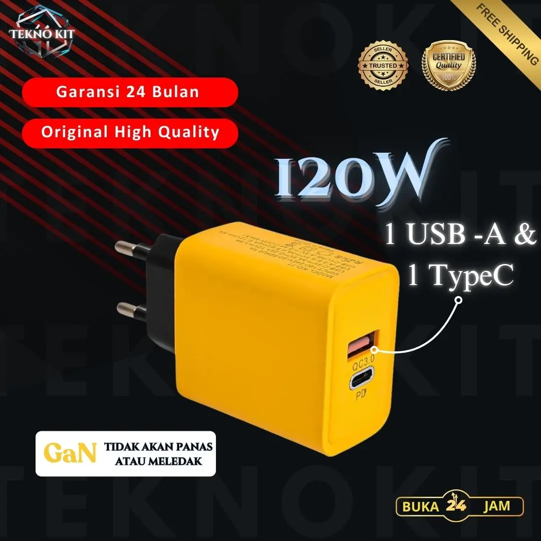 Kepala Charger 2 in 1 Super Fast Charging 120W USB-A & Type C Dual Port Super Modern GenZ Multi Function Desain Mewah Batok Charger TypeC USb Dalam 1 Charger Kepala Cas Praktis 2 Fungsi Dan Guna Kepala Casan Best Seller charger 4 1 fast charging