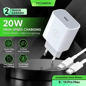 Technova Charger for IP 8 XR 11 12 13 14 ( PD 20W ) Kabel C to Lightning Charger iPhone Fast Charging Adaptor Cable