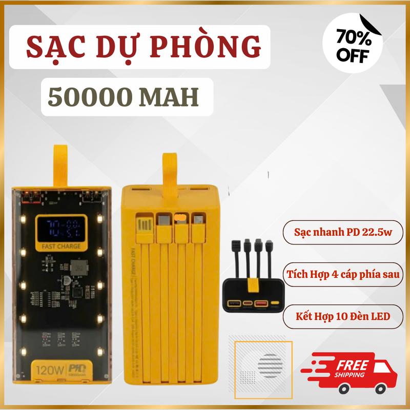 Sạc Dự Phòng  50000mAh - Sạc Nhanh PD 22.5W, 10 Đèn LED Chiếu sáng - Phù Hợp Với Tất Cả Loại Máy