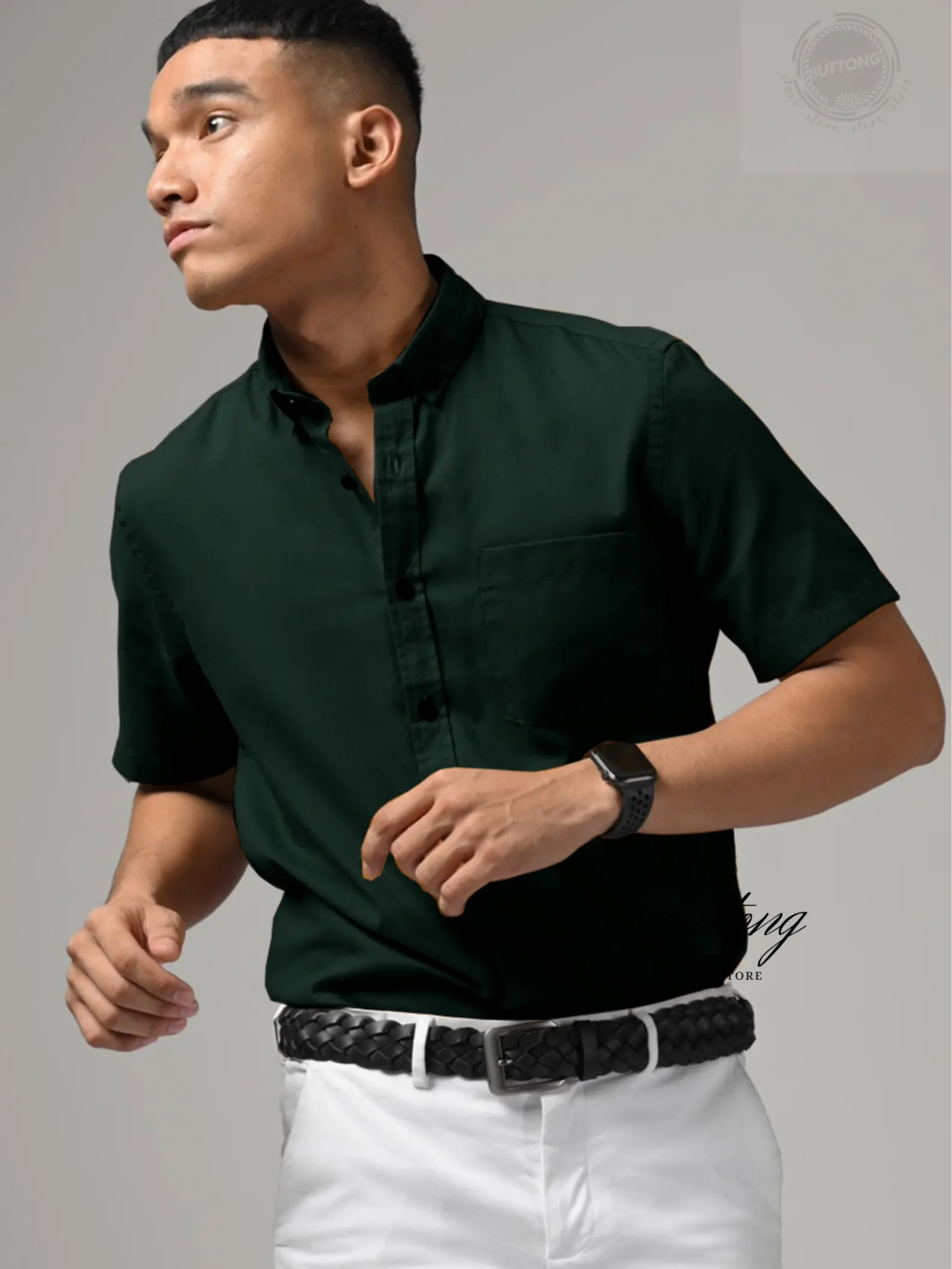 Kemeja Lengan Pendek Pria Casual Warna HIJAU BOTOL ( EMERAL)  - M/L/XL Cotton Rami - Polos, Pria Cuci Dingin White Formal