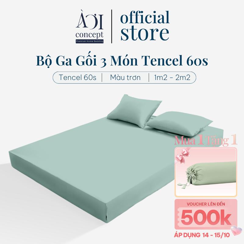 Bộ Ga Gối 3 Món Lụa Tencel 60s Cao Cấp AOICONCEPT - Màu Trơn Thoáng Khí Mềm Mượt Size 1m2-2m2 Chất Liệu Thân Thiện Với Thiên Nhiên
