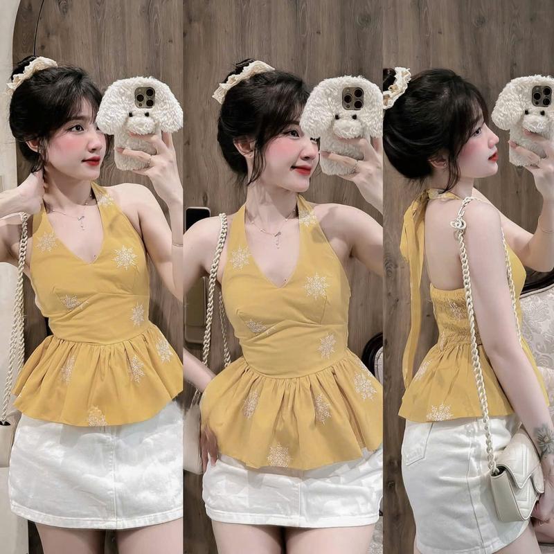 Sét áo cổ yếm mookking sau lưng họa tiết phối chân váy ngắn chữ A trẻ trung xinh xắn