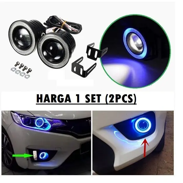 (2 Pcs Sepasang) Foglamp LED Angel Eyes 89mm Inch Projector Universal Mobil