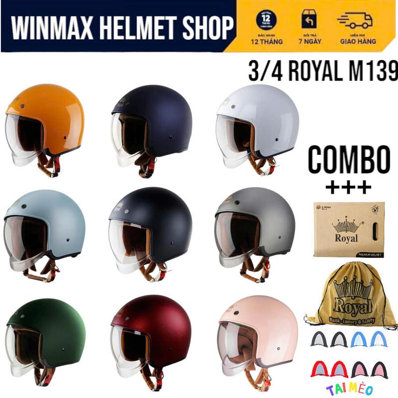 COMBO KM Royal Helmet Mũ Bảo Hiểm Xe Máy 3/4 Đầu M139 Và ASIA MT08K Mũ Kính Âm Thương Hiệu Royal Helmet Bảo Hành 12 Tháng Full Túi, Thùng, Tai Mèo