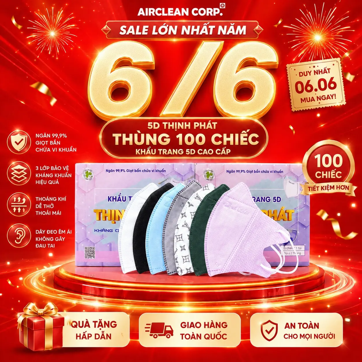 5D Thịnh Phát- Thùng 100 Chiếc Khẩu Trang 3 Lớp Chống Tia UV