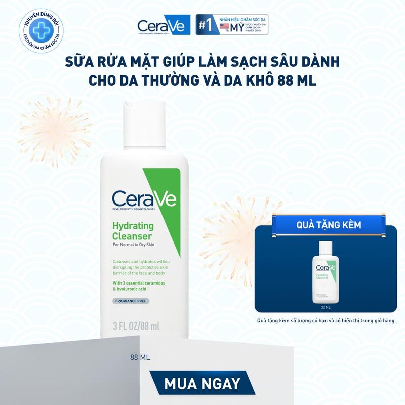   DEAL HOT  Sữa rửa mặt giúp làm sạch sâu dành cho da thường và da khô Cerave Hydrating Cleanser 88ML dạng gel không tạo bọt làm sạch sâu dịu nhẹ và cung cấp độ ẩm cho da. Chăm sóc da_Sữa rửa mặt_Skincare cho Nam và Nữ_Cleansing 