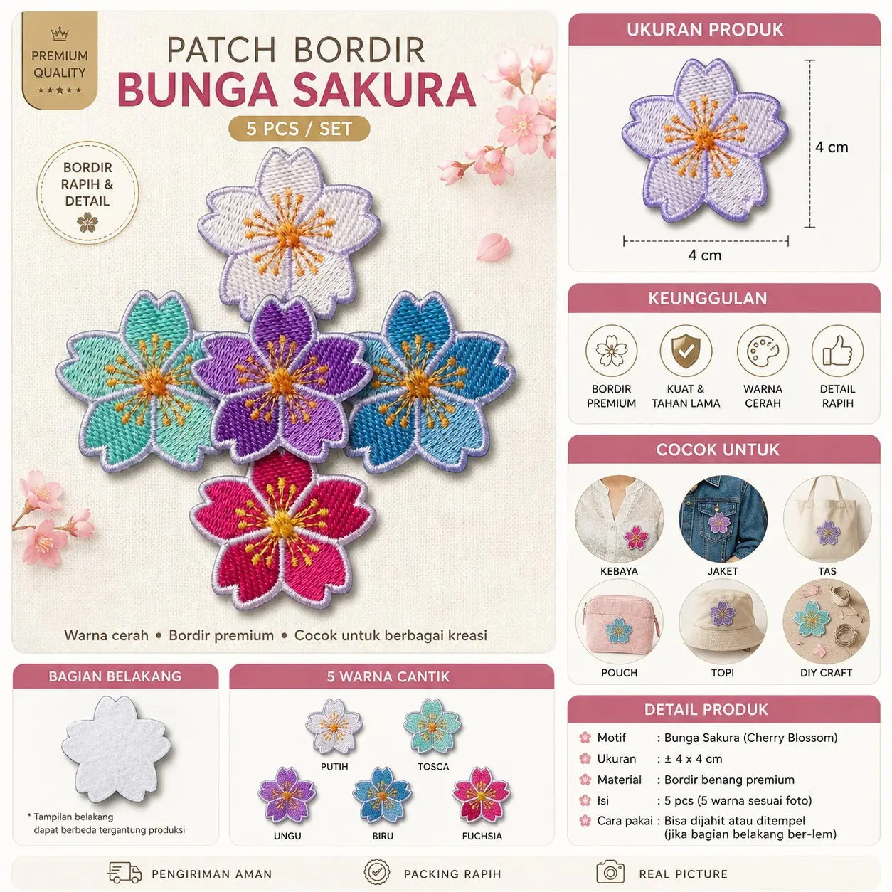 Patch Bordir Bunga Warna-Warni dengan Lem Iron On/Jahit 4x4cm Sakura Pilih Warna