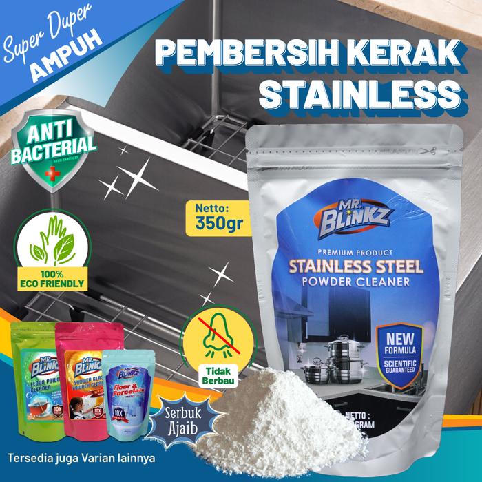 Gambar Mr Blinkz Serbuk Pembersih Kerak Stainless Kran Kitchen Sink Bak Cuci Piring Mr.Blinkz Stainless Steel Powder Cleaner MrBlinkz Serbuk Ajaib Pembersih Karat Pembersih Wajan Gosong Pagar Stainless 350gr dari Mr Blinkz Indonesia Kab. Malang Tokopedia
