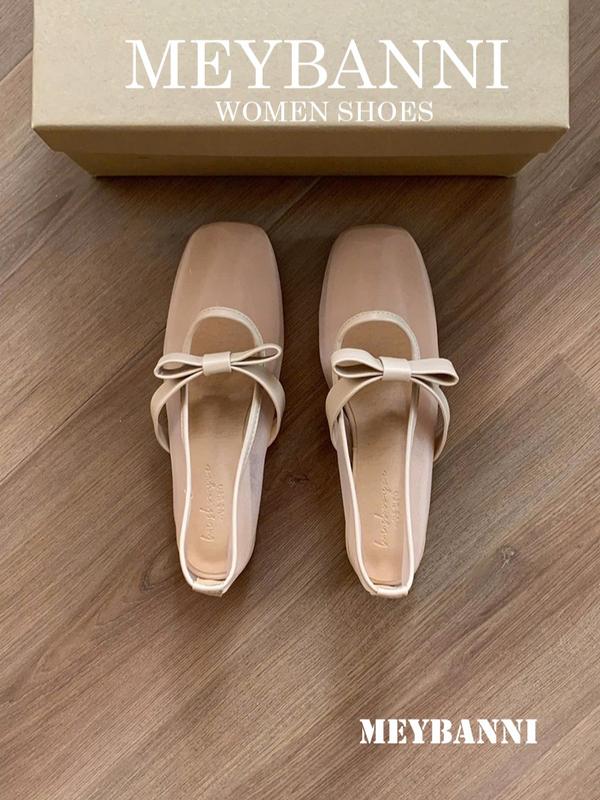  MEYBANNI - C430 - Giày Búp Bê Mũi Vuông Lưới Mỏng Gắn Nơ Tiểu Thư 