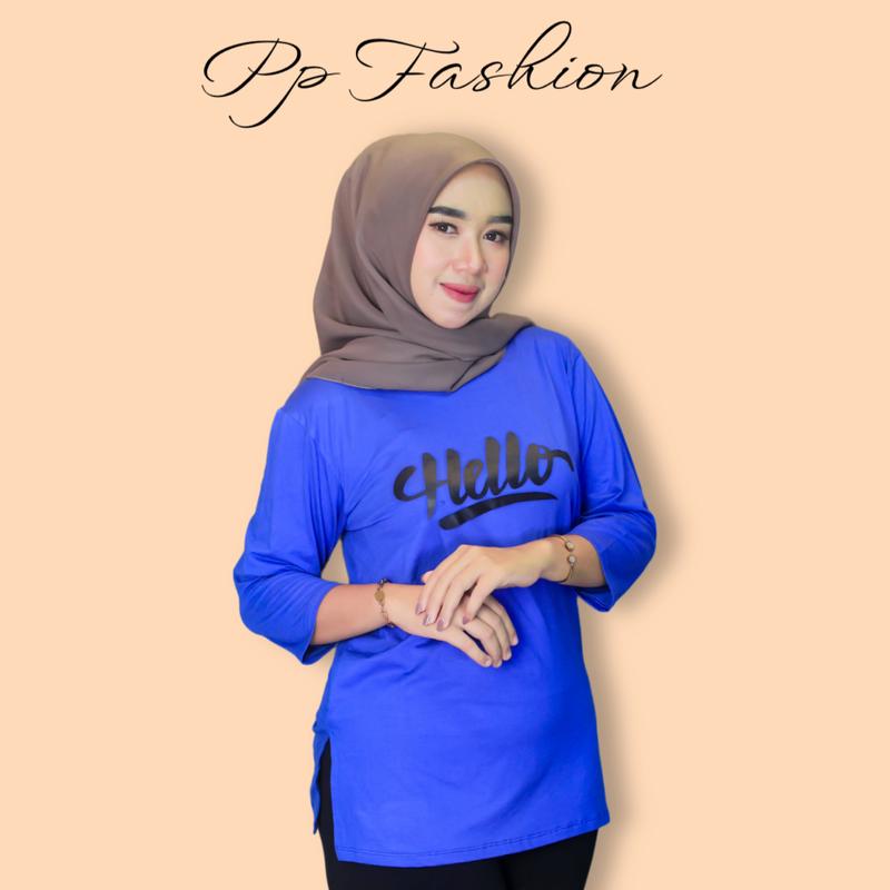 Kaos Oversize Slit Kaos High Slit Katun Spandek Rayon With Sablon Hello  Kerah Bulat Nyaman Panjang Oblong Tangan 7/8 5