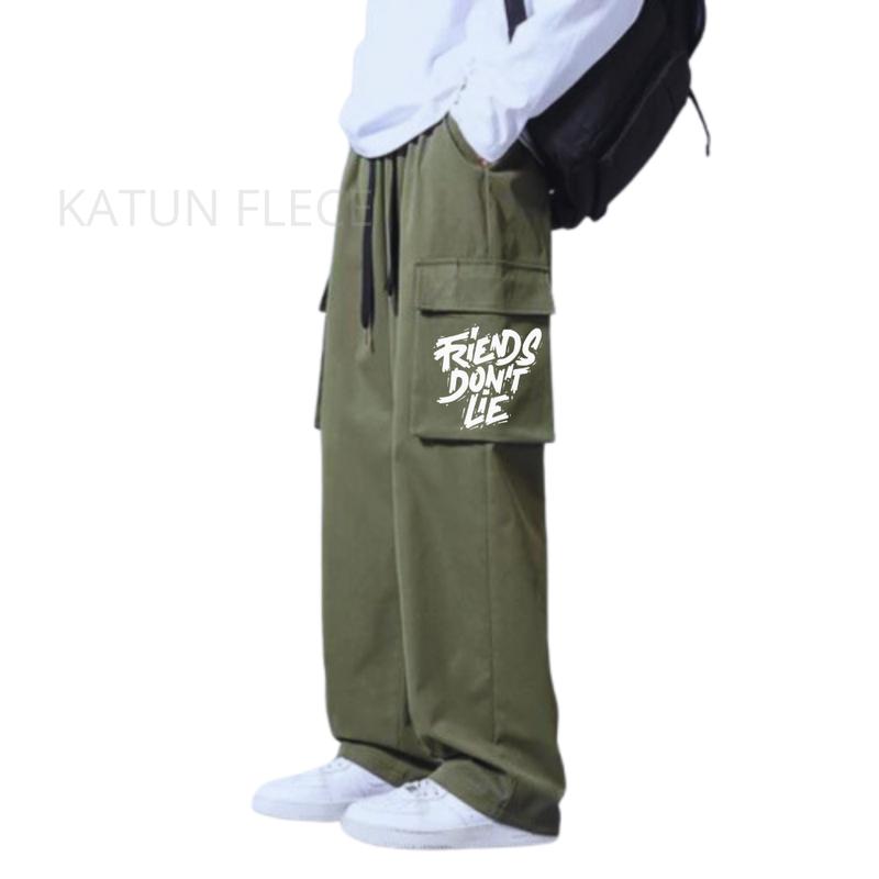 Celana Panjang Cargo Bahan Fleece Motif Friend Don't Lie Cargo Fleece Long Pants Celana Panjang Flecee Pria Wanita Warna Hitam Model Skena 4