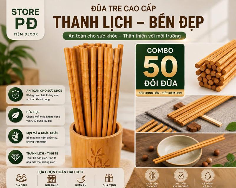COMBO 50 ĐÔI Đũa Tre Khắc Đầu, Tre Gốc tự nhiên, không hóa chất, an toàn sử…