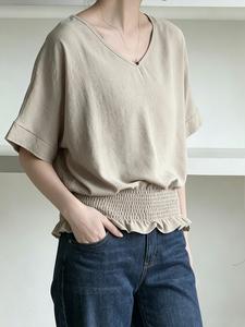 新作 夏向け レディース ゆったり 無地 カジュアル 半袖VネックTシャツ、裾のギャザーとウエストを引き締めるデザイン