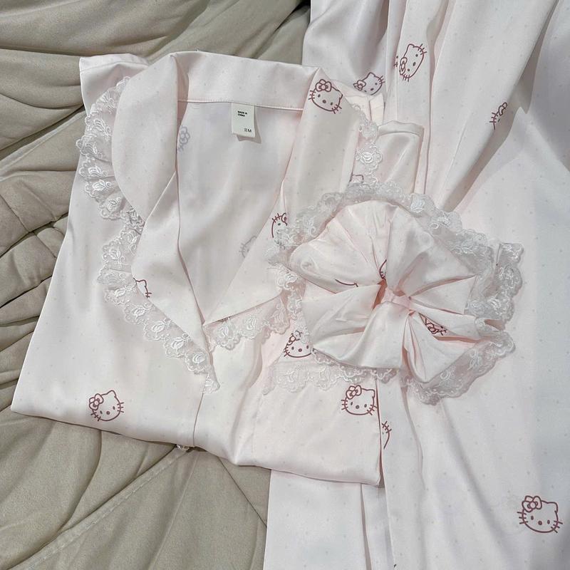 N424- Pijama lụa mềm cho nữ hoạ tiết mèo phối cúc ngọc -Bộ ngủ lụa mặc nhà hàng quảng châu cao cấp cho nữ