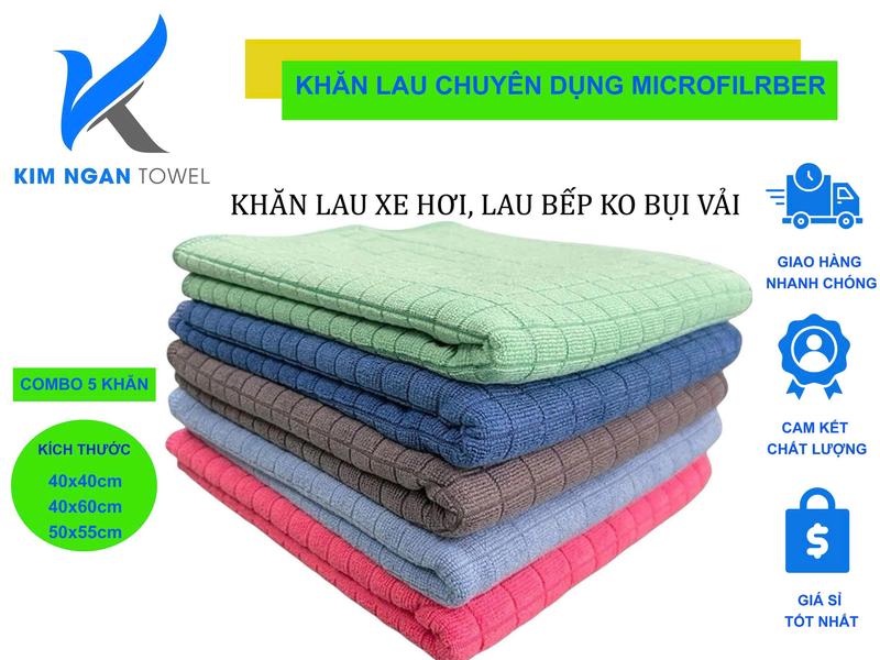  Combo 5 cái Khăn lau xe ô tô lau bếp lau kính thấm hút nước dầu nhớt không đổ sợi có móc treo Khăn Lau Làm Sạch 