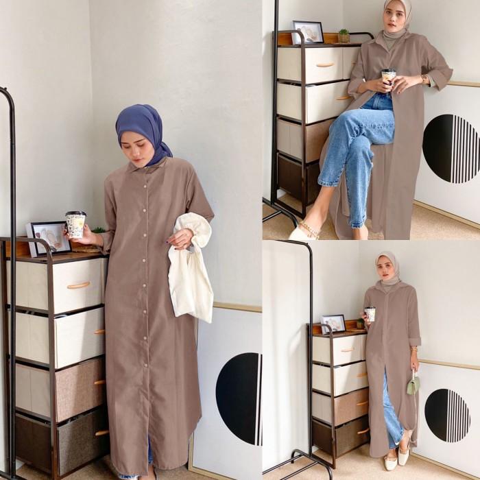 Shirt Dress Muslimah/Dress Kemeja Panjang/maxi Dress Polos kasual - denim blue, One Size 4