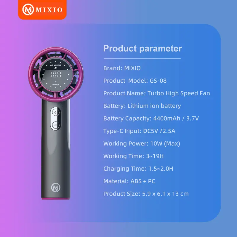 MIXIO GS-08 KIpas Angin High-speed Portable Handheld Fan 4400MAH kipas angin Digital Display Turbo kipas tangan High Speed 17000Rpm 8
