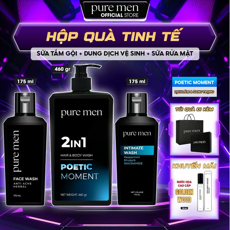 KHUYẾN MÃI NƯỚC HOA Hộp Quà Tặng Tinh Tế Pure Men - Set Combo Tặng Bạn Trai - Sữa tắm gội 4in1 hương nước hoa cao cấp & Sữa rửa mặt & Dung dịch vệ sinh nam giới