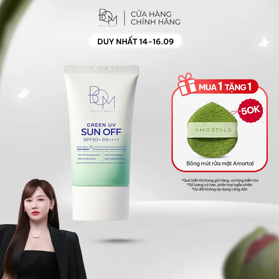 Kem Chống Nắng Nâng Tông B.O.M Green UV Sun OFF SPF 50+ PA++++ 50ml, Kem Chống Nắng Vật Lý Nâng Tông Da, Mỏng Nhẹ