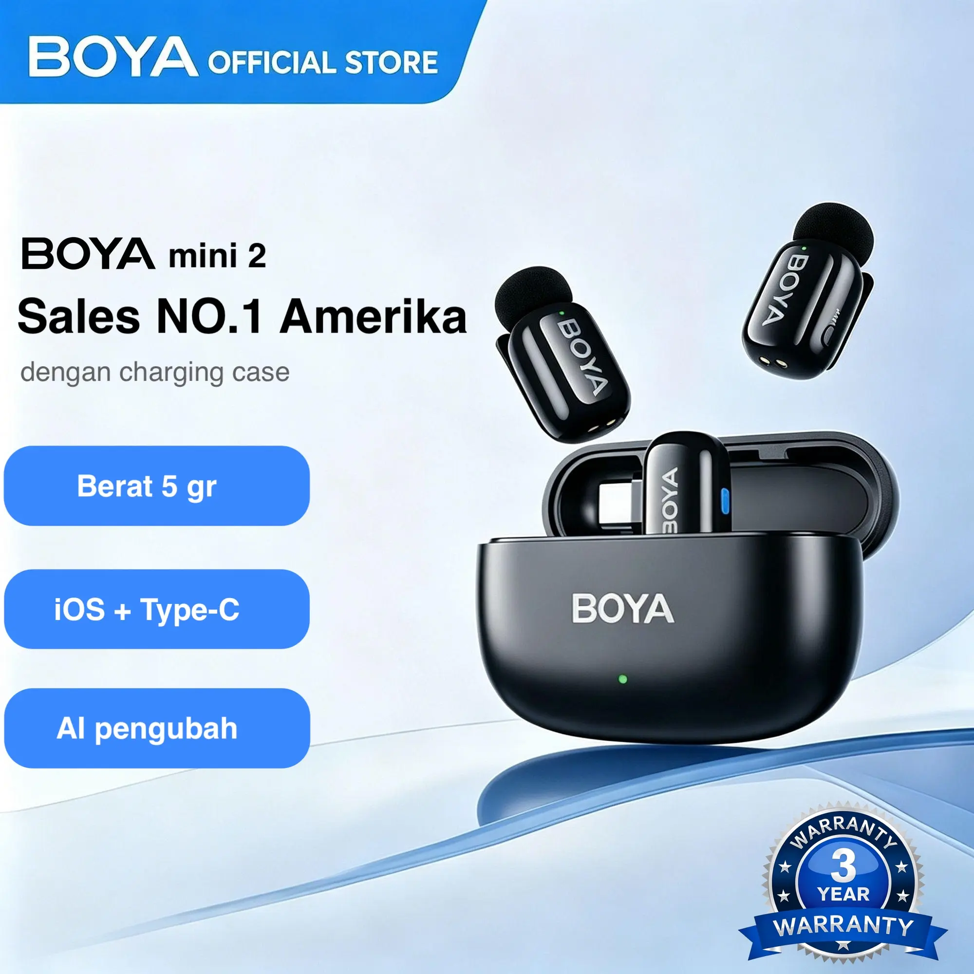 BOYA Mini 2 Wireless Lavalier Microphone AI Noise Cancelling 30H Battery with Charging Case Vloggers