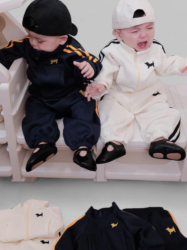 MẸ THÓC Set quần áo bé trai bé gái : Set quần áo nỉ kẻ sọc tay thêu chó ngực 2 màu by KID CLOTHING