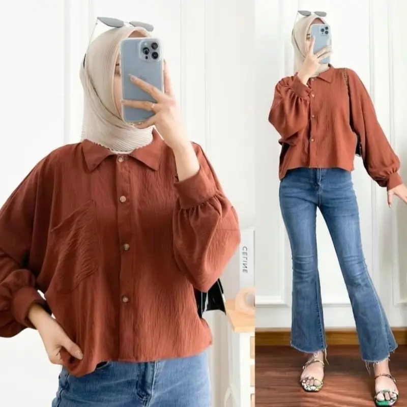 ￼Atasan Blouse Wanita Crop Beatwing Lengan Panjang Kerah Kemeja AirFlow atasan kemeja wanita 3